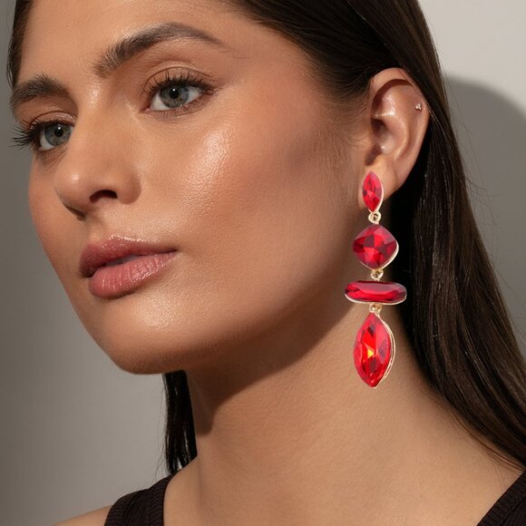 Lady in Red Crystal Bling Glam Tiered Drop Statement Earrings NEW - Picture 1 of 5